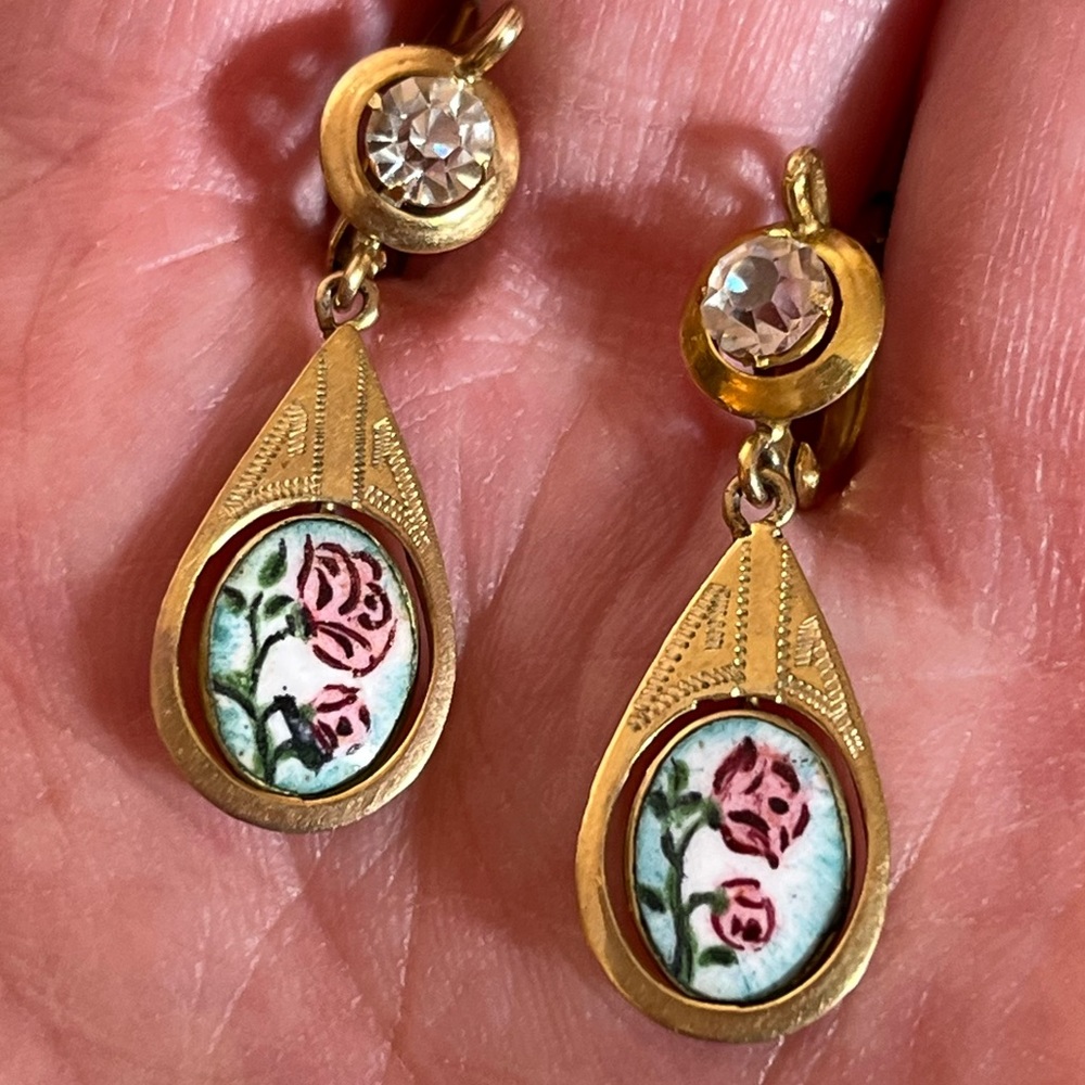 Antique Victorian gold Fill Art Nouveau Hand Painted Flowers Dangle Earring - Picture 6 of 13